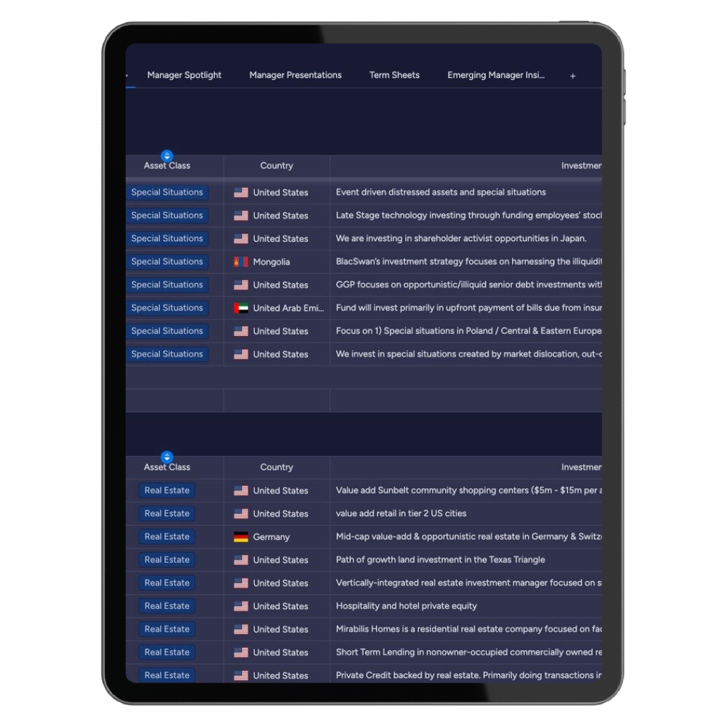 Dashboard showcasing niche investment strategies like private credit and litigation finance for institutional investors.