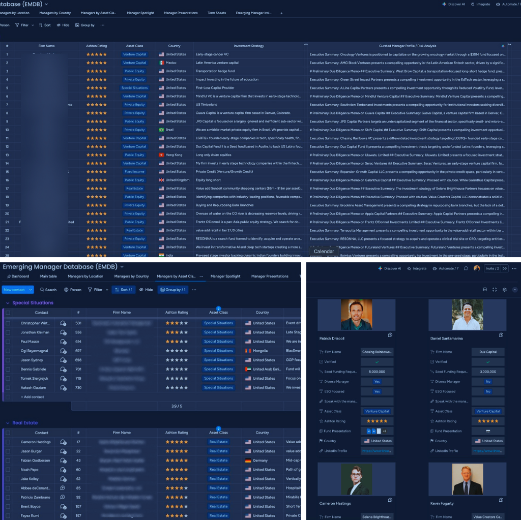 Close-up of the AlphaSeek due diligence platform with proprietary ratings for emerging fund managers.